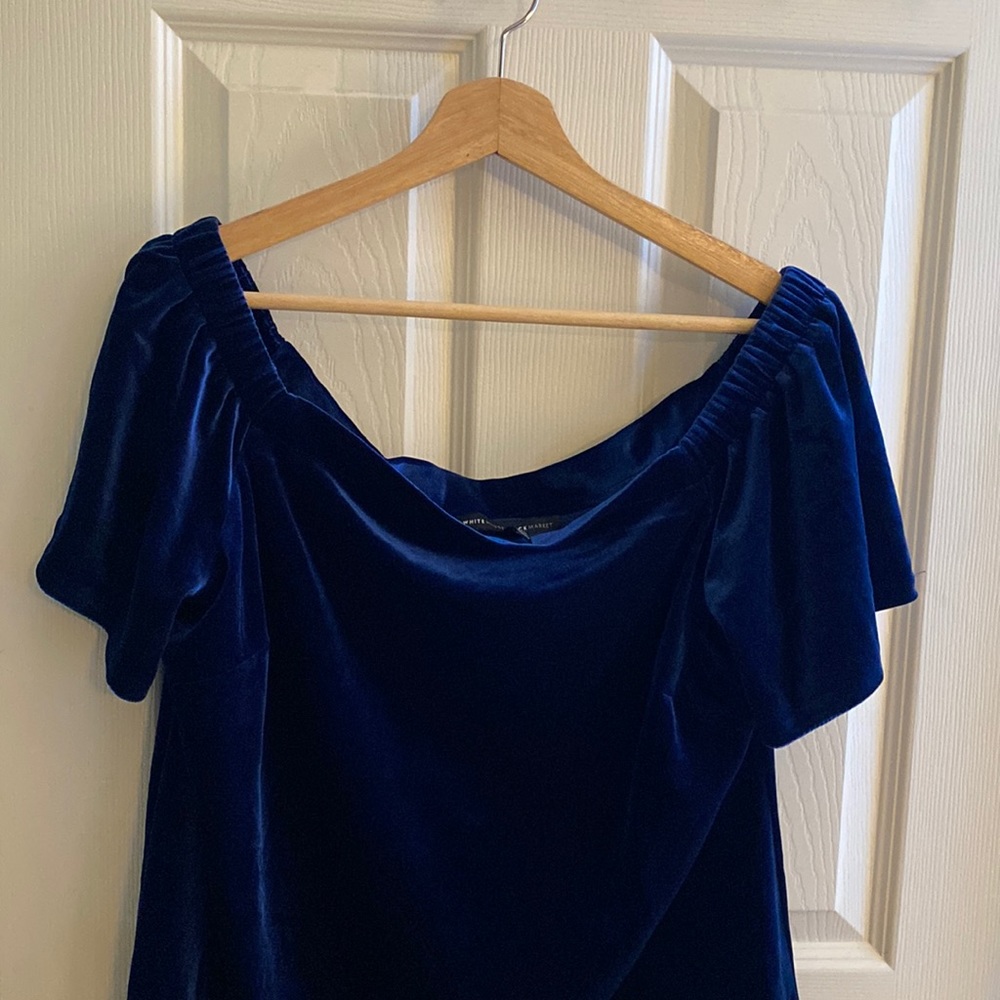 White House Black Market XL short sleeve blue velvet off the shoulder top